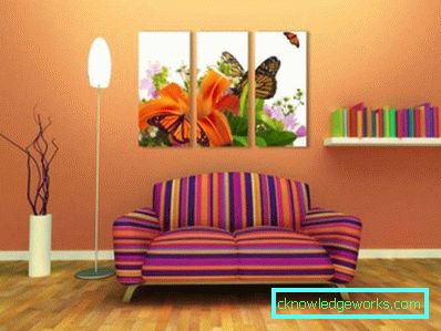 Modularne slike v notranjosti dnevne sobe nad kavčem - foto ideje